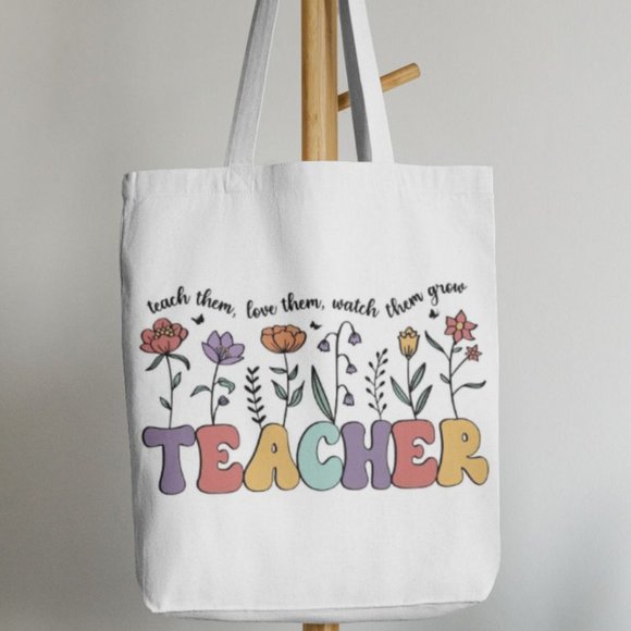 Teacher Floral Canvas Tote Bag - Picture 2 of 2